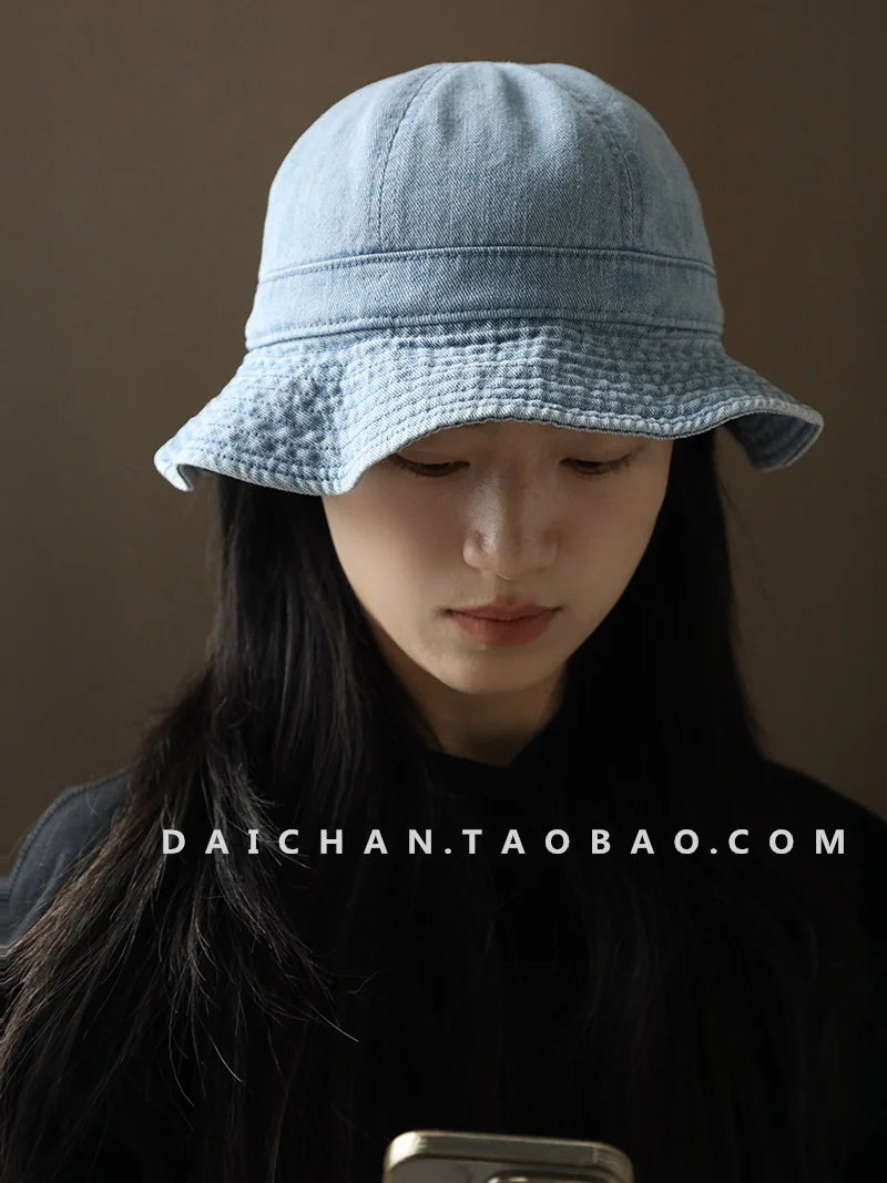 Japanese Retro Simple Dome Denim Basin Caps for Women Spring and Summer Travel Casual Versatile Sunscreen Bucket Hats Men