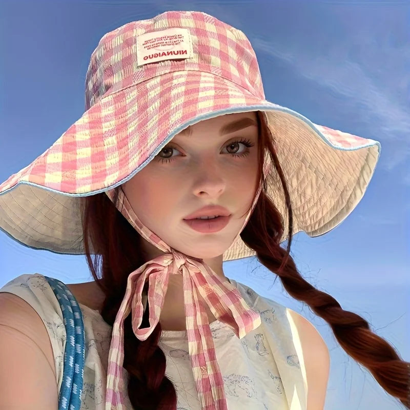 Plaid fisherman hat trendy seaside beach sunshade hat double-sided wearable plaid summer sunscreen hat