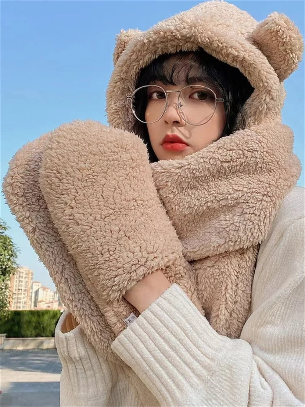 Cute Bear Ear Hat Fashion Winter Warm Comforts Polyester Thickened Plush Hoodie Hat Scarf Gloves Set Girl Kawaii Warm Casual Hat
