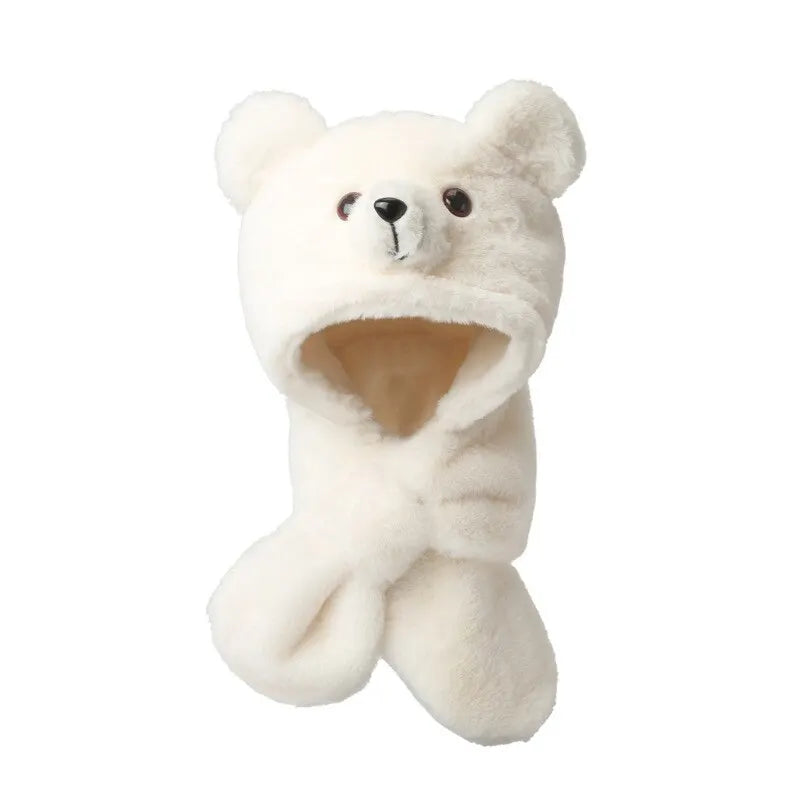Children's Cartoon Bear Hat Baby Girl Autumn And Winter Korean Version Imitation Rabbit Fur Cute Scarf Integrated Warm Plush Hat