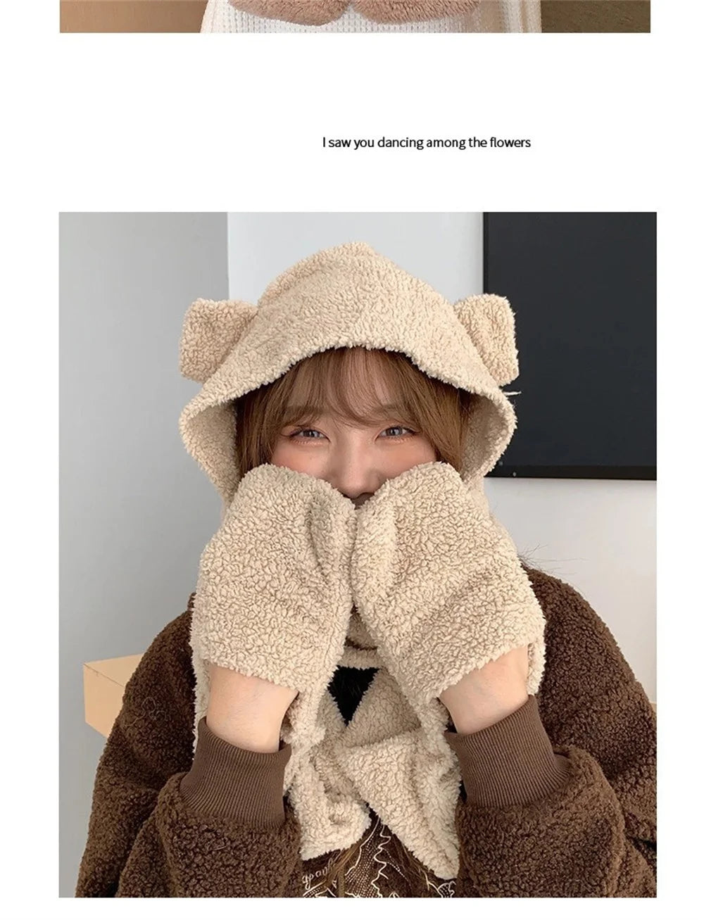 Cute Bear Ear Hat Fashion Winter Warm Comforts Polyester Thickened Plush Hoodie Hat Scarf Gloves Set Girl Kawaii Warm Casual Hat