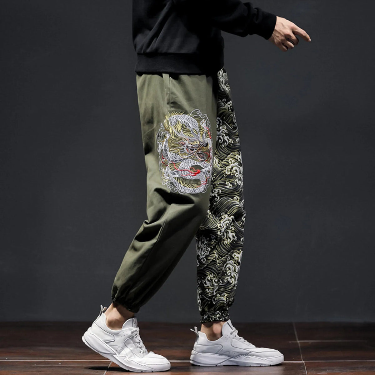 Flat Front Loose Mens Japanese Retro Trend Embroidered Color Matching Casual Trousers
