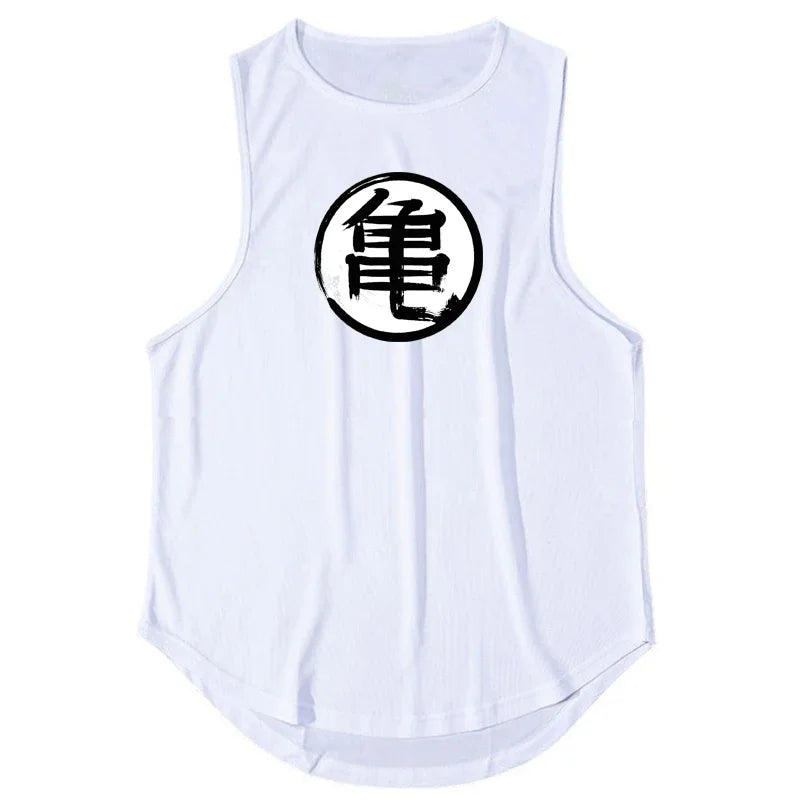 Japanese Anime Turtle Script Printed Summer Fitness Sports Tank Tops Men Gym Clothing Workout Sleeveles Shirt Loose Running Vest