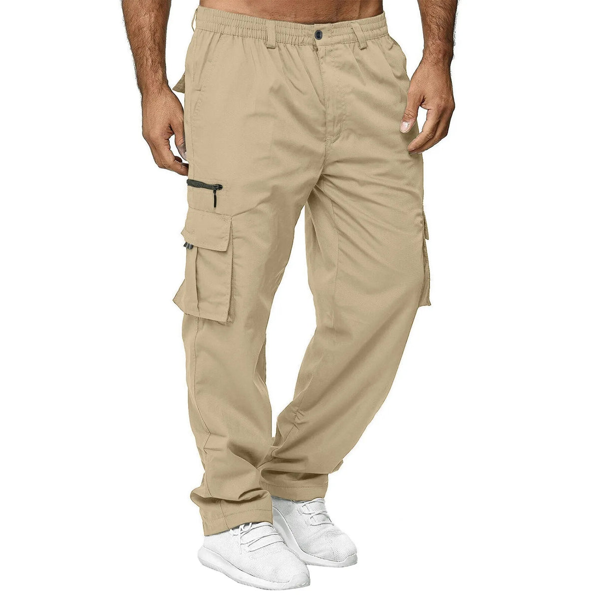 Mens Trousers Popular Casual Slim Fit Solid Color Pocket Cargo Pants Loose Wide Leg Straight Elastic High Waisted Pantalones