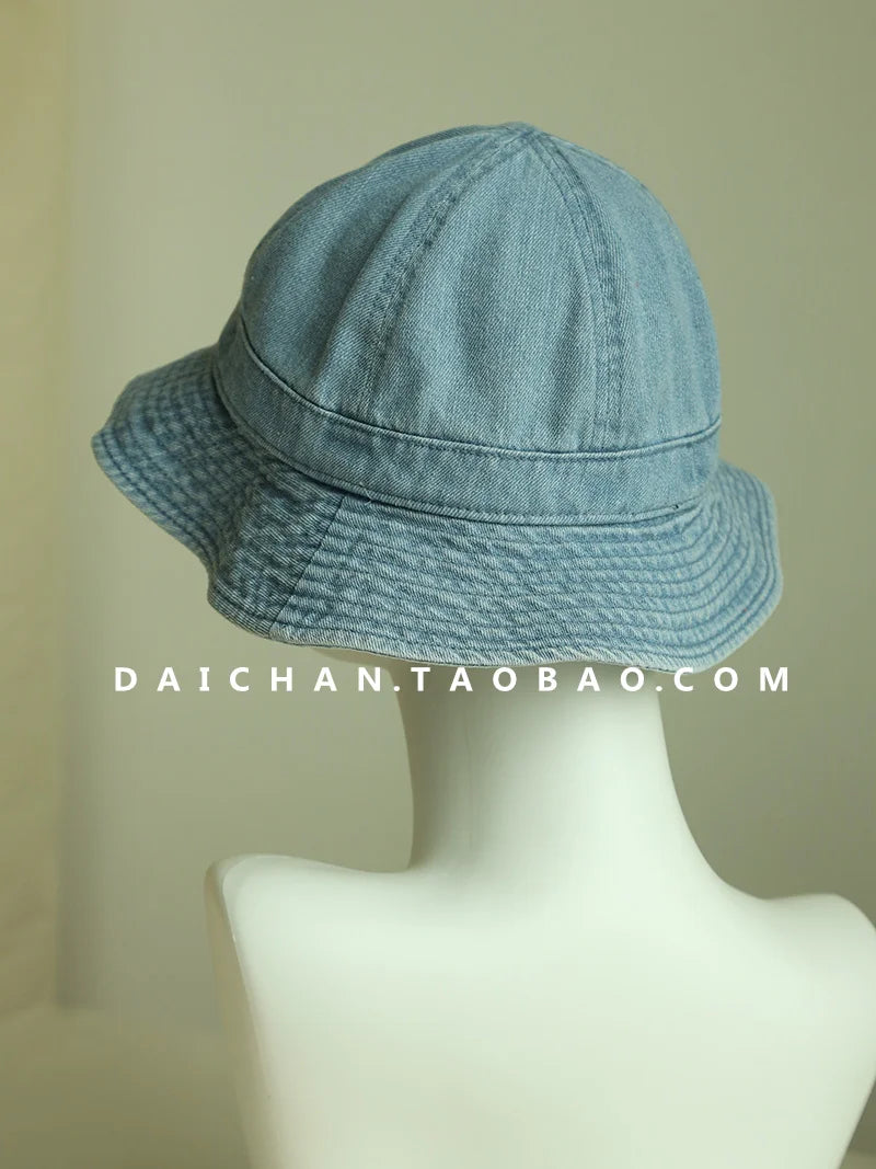 Japanese Retro Simple Dome Denim Basin Caps for Women Spring and Summer Travel Casual Versatile Sunscreen Bucket Hats Men