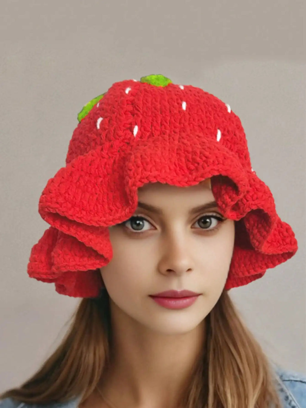 Lady'S Cartoon Red Strawberry-Shaped Fisherman'S Hat, Bohemian-Style Hand-Crocheted And Hollowed-Out Ruffled Cute Knitted Hat