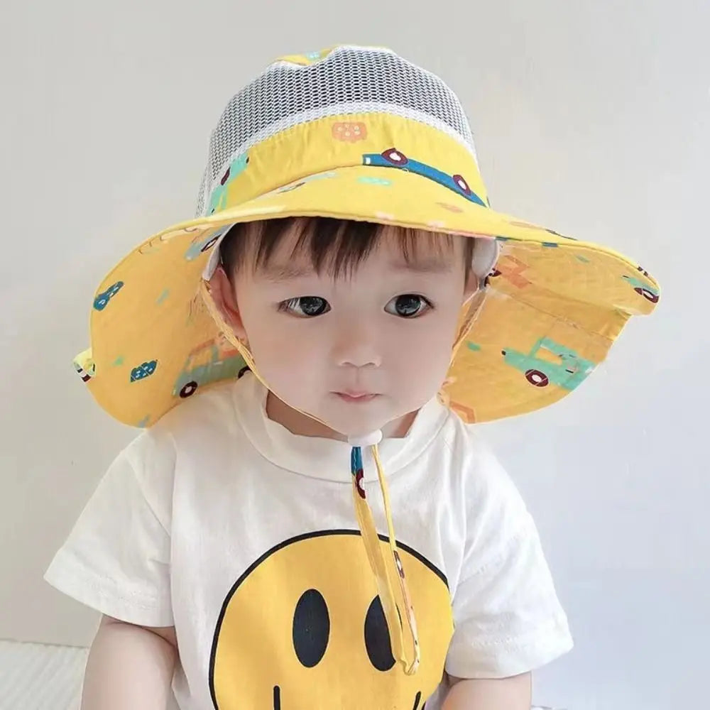 Cartoon Print Baby Sunshade Hat New Mesh Wide Brim Kids Fisherman Hat Breathable Sunshade Hat For Boys Girls