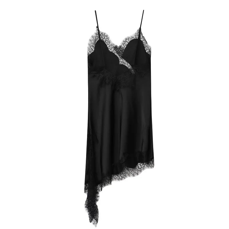 MUJER 2025 Lace Slip Dress Woman Black Backless Short Dresses for Women Asymmetric Party Women's Summer Dress Satin Sexy Dresses