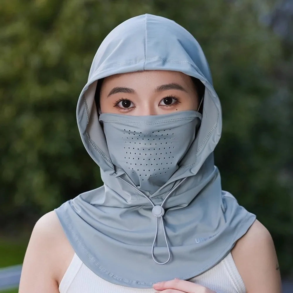 Head Wrap Unisex Beach Cap Summer Anti-UV Sunscreen Hat With Mask Shawl Breathable Ice Silk Pullover Cap