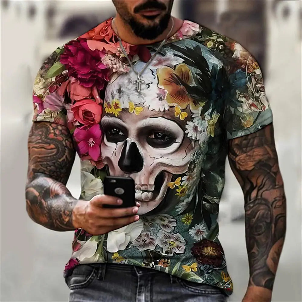 Men's Casual T-Shirt, Gothic Skull Heart Hands Graphic Black Short Sleeve Crew Neck Tee Cool Streetwear Halloween Fashion Top