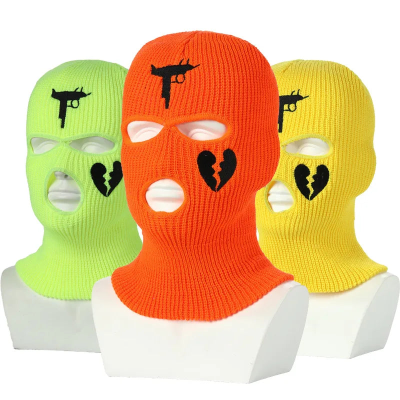 3Holes Winter Warm Unisex Balaclava Mask Hat Embroidery Full Face Mask Knitted Cycling Ski Snowboard Hat Cap Hip Hop Beanie Gift