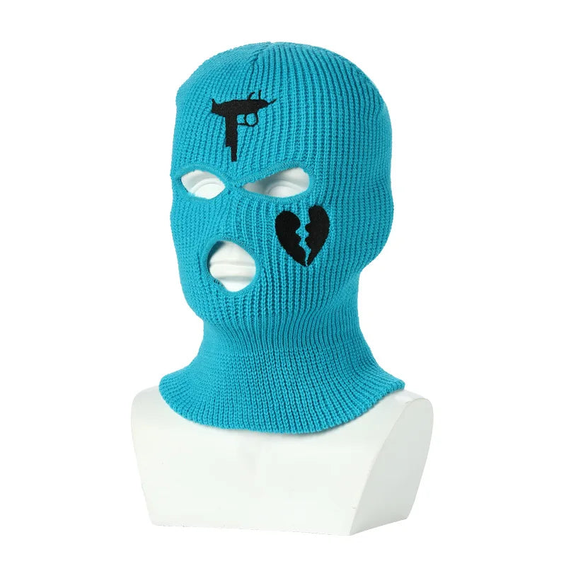 3Holes Winter Warm Unisex Balaclava Mask Hat Embroidery Full Face Mask Knitted Cycling Ski Snowboard Hat Cap Hip Hop Beanie Gift