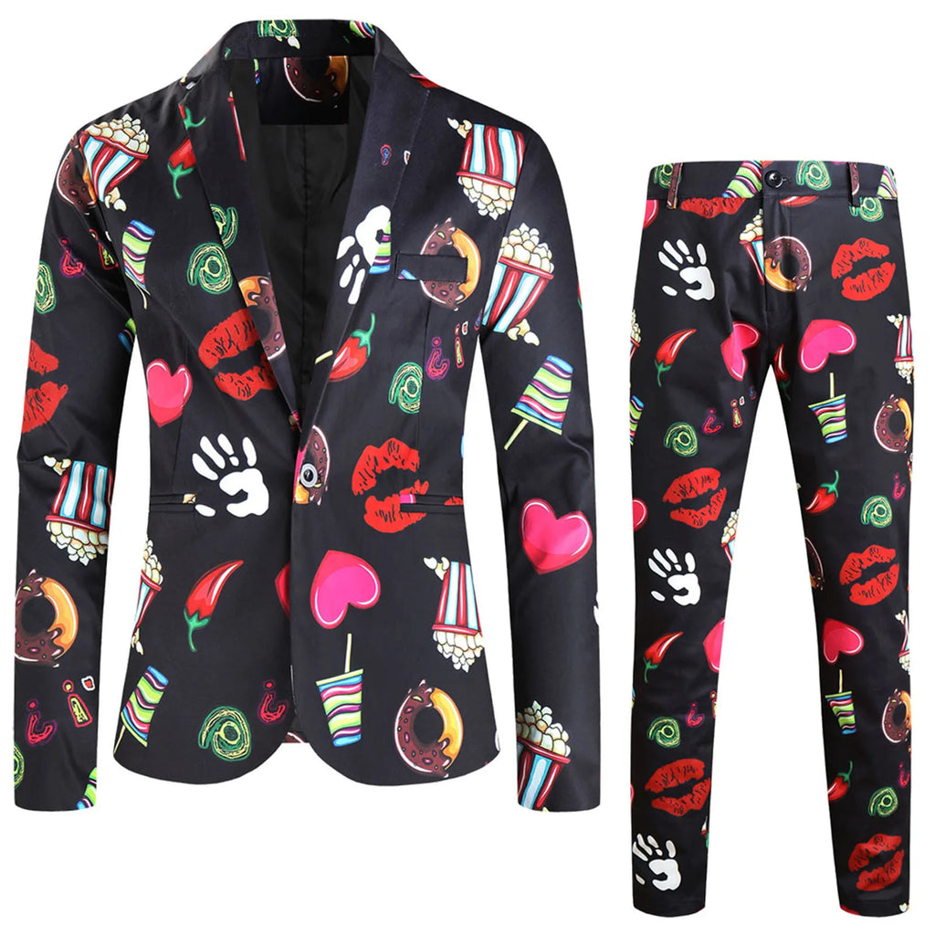 Suit Jacket Mens Two Piece Set Valentine Day Love Printing Dinner Date Suit Jackets Pants Two Piece Suit Male Clothing Hombre