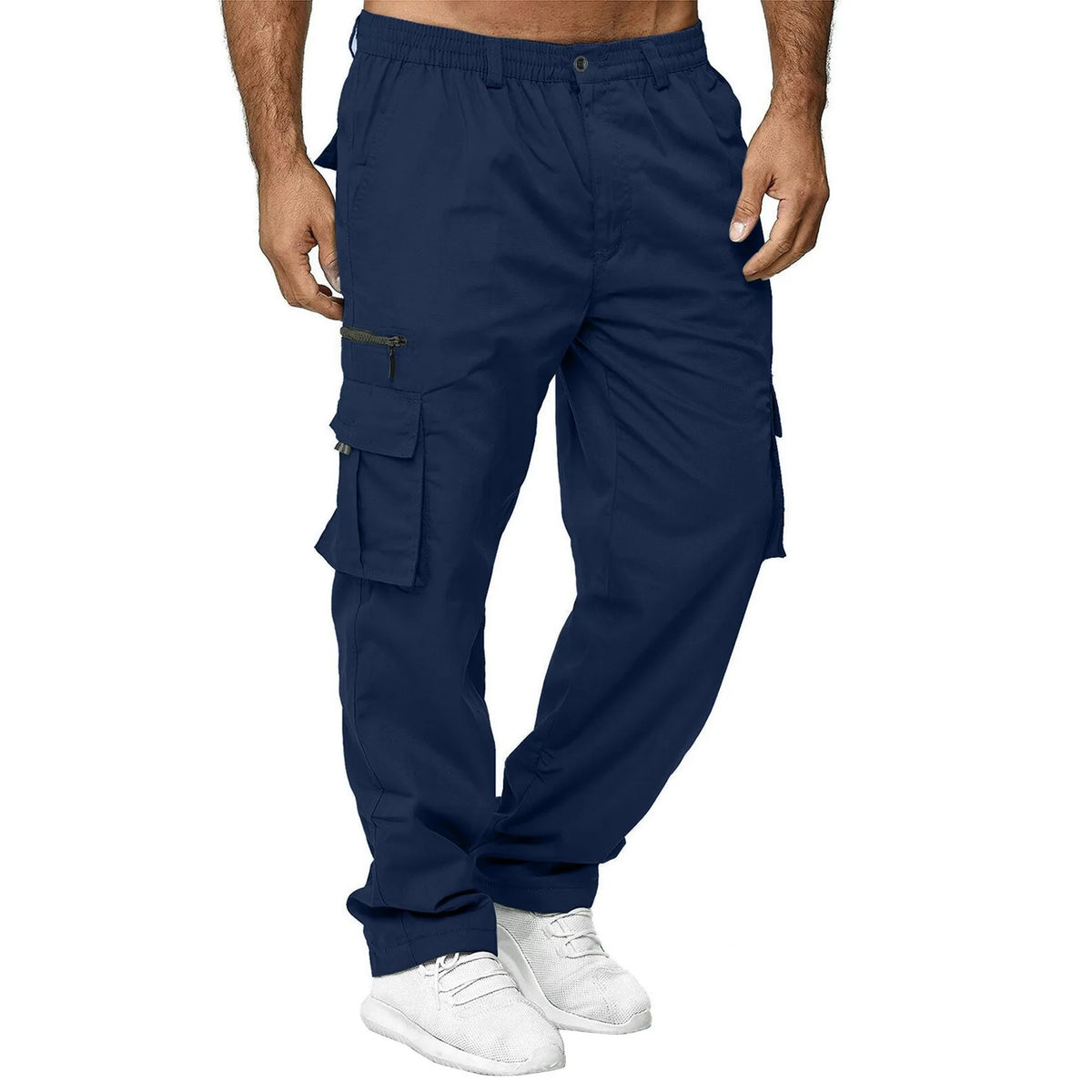 Mens Trousers Popular Casual Slim Fit Solid Color Pocket Cargo Pants Loose Wide Leg Straight Elastic High Waisted Pantalones