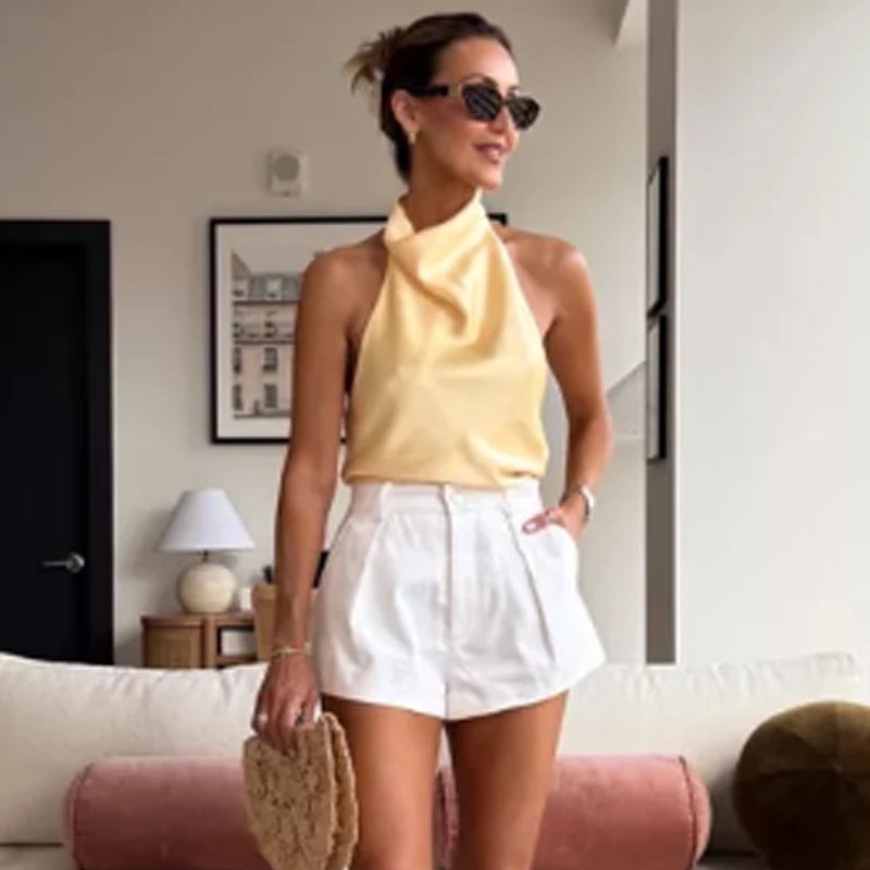 HXAO Top Women Halter Satin Women Tops Backless Corset Top Vest Yellow Pink Black Summer Elegant Sexy Tops Tank Vestidos