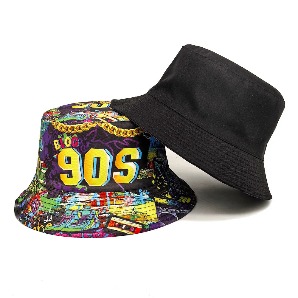 Europe and America Retro Nostalgic 90s Tape Pattern Bucket Hat Female Double Sided Spring and Summer Outdoor Sunscreen Sun Hat