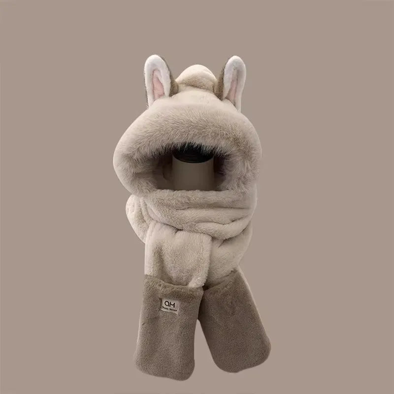 Winter new outdoor fox warm ear protection scarf, furry and fashionable one-piece plush hat