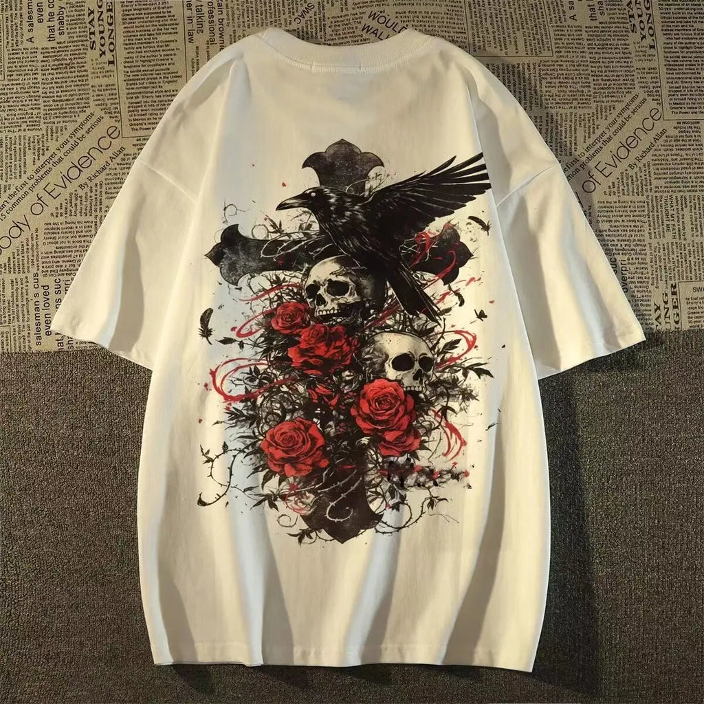 American Style Fashion Brand oversize Diablo Style Retro Subculture Skull Cross Short-sleeved T-shirt Men's Summer