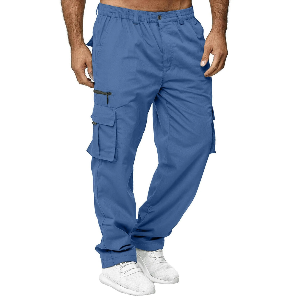 Mens Trousers Popular Casual Slim Fit Solid Color Pocket Cargo Pants Loose Wide Leg Straight Elastic High Waisted Pantalones