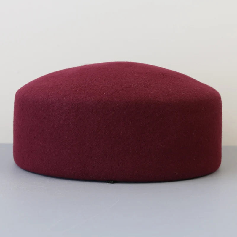 Vintage Hard Top Flat Fedoras Hats Women 100% Wool Felt Berets Hat Wedding Fascinator Caps Wedding Cocktail Party Pillbox Hat
