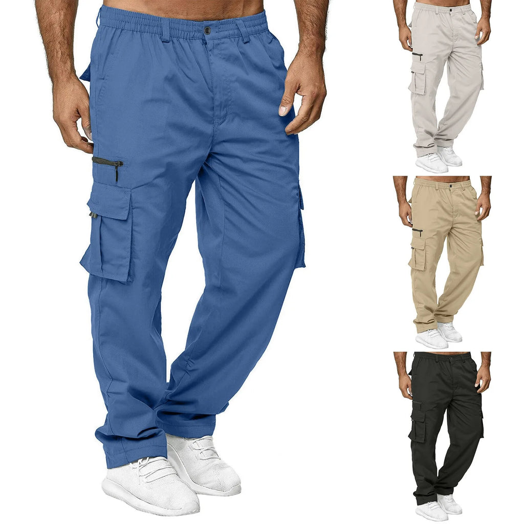 Mens Trousers Popular Casual Slim Fit Solid Color Pocket Cargo Pants Loose Wide Leg Straight Elastic High Waisted Pantalones