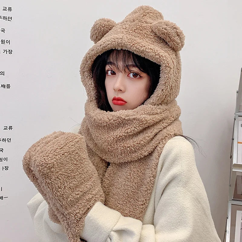 Cute Bear Ear Hat Fashion Winter Warm Comforts Polyester Thickened Plush Hoodie Hat Scarf Gloves Set Girl Kawaii Warm Casual Hat
