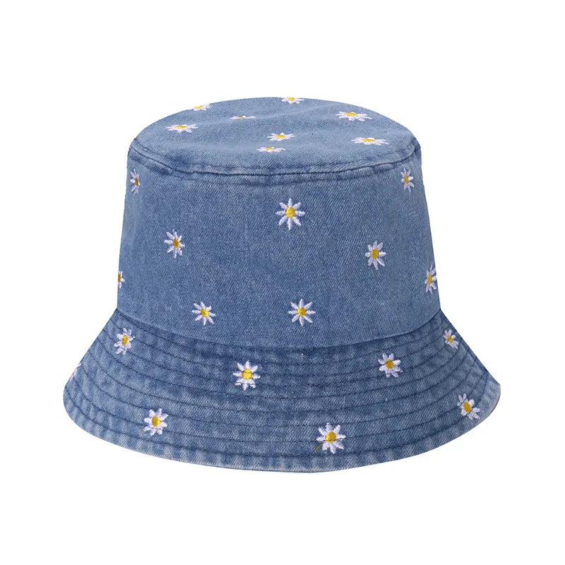 Popular Little Daisy Embroidered Cotton Summer Jeans Bucket Hat Cap For Women Spring Fisherman Hat Outdoor Travel Sunshade Gift