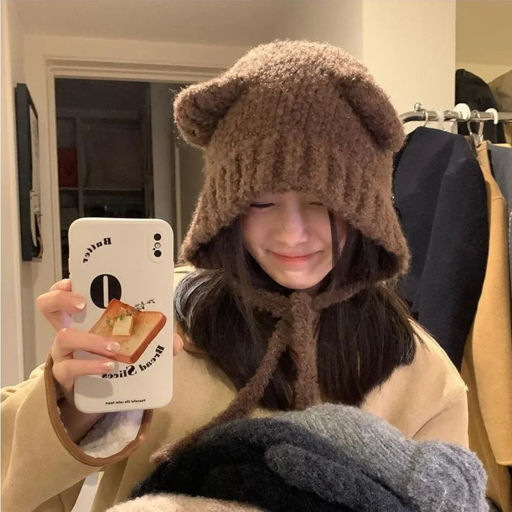 Cute Girl Knit Ear Protection Hat Bear Women Earmuffs Cap Woolen Crochet Bonnet Solid Color Hood Beanies Winter Warm Headgear