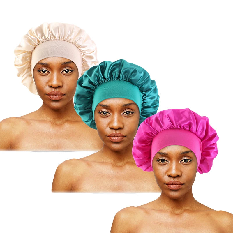 3PCS/LOT Unisex Elastic Band Cap For Brimmed Night Hat Bath Cap Extra Large Satin Silky Bonnet Sleep Hat For Curly Springy