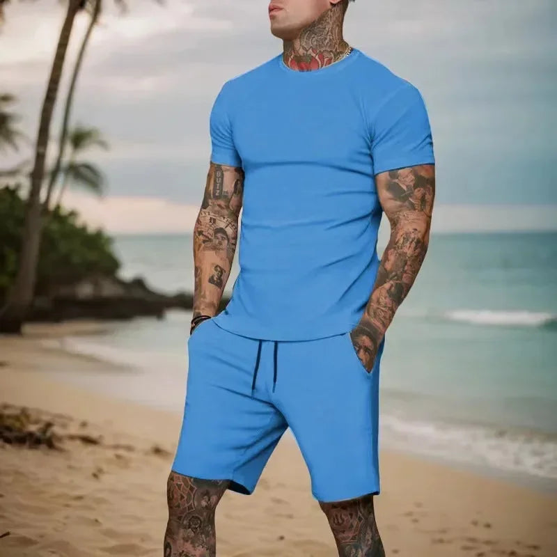 2025 summer new men's breathable sportswear short sleeved t-shirt and shorts set popular quick drying clothing