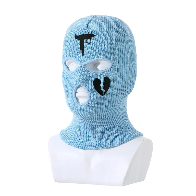 3Holes Winter Warm Unisex Balaclava Mask Hat Embroidery Full Face Mask Knitted Cycling Ski Snowboard Hat Cap Hip Hop Beanie Gift