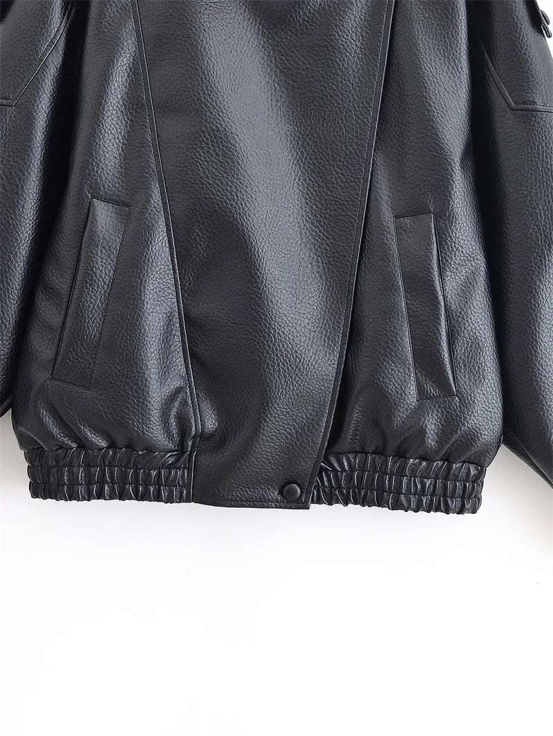 Women's Jacket Fall 2025 New Black Long Sleeve Pebble Faux Leather Jacket Motorcycle Style Personality Fashion
