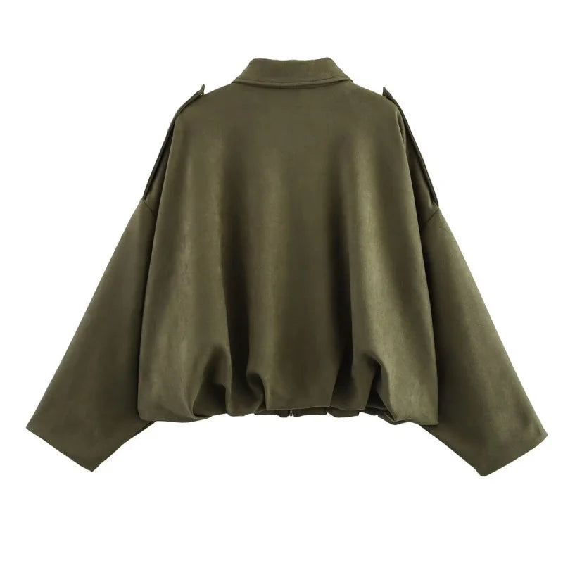 ETJ 2026 Spring New Women's Suede Texture Effect Loose Version of Fashion Lapel Shoulder Jacket