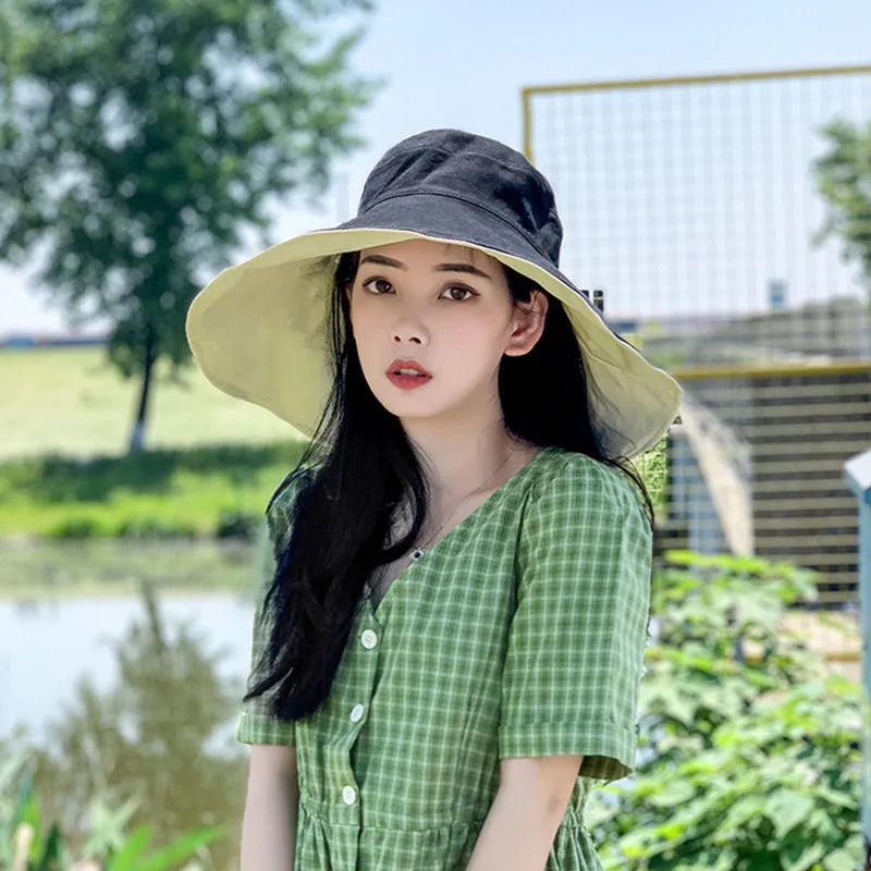 Wide Brim UPF 50+ Sun Hat Women Anti-UV Protection Hiking Fisherman Cap Fold Summer Solid Beach Hat 2024 Double sided Sun hat