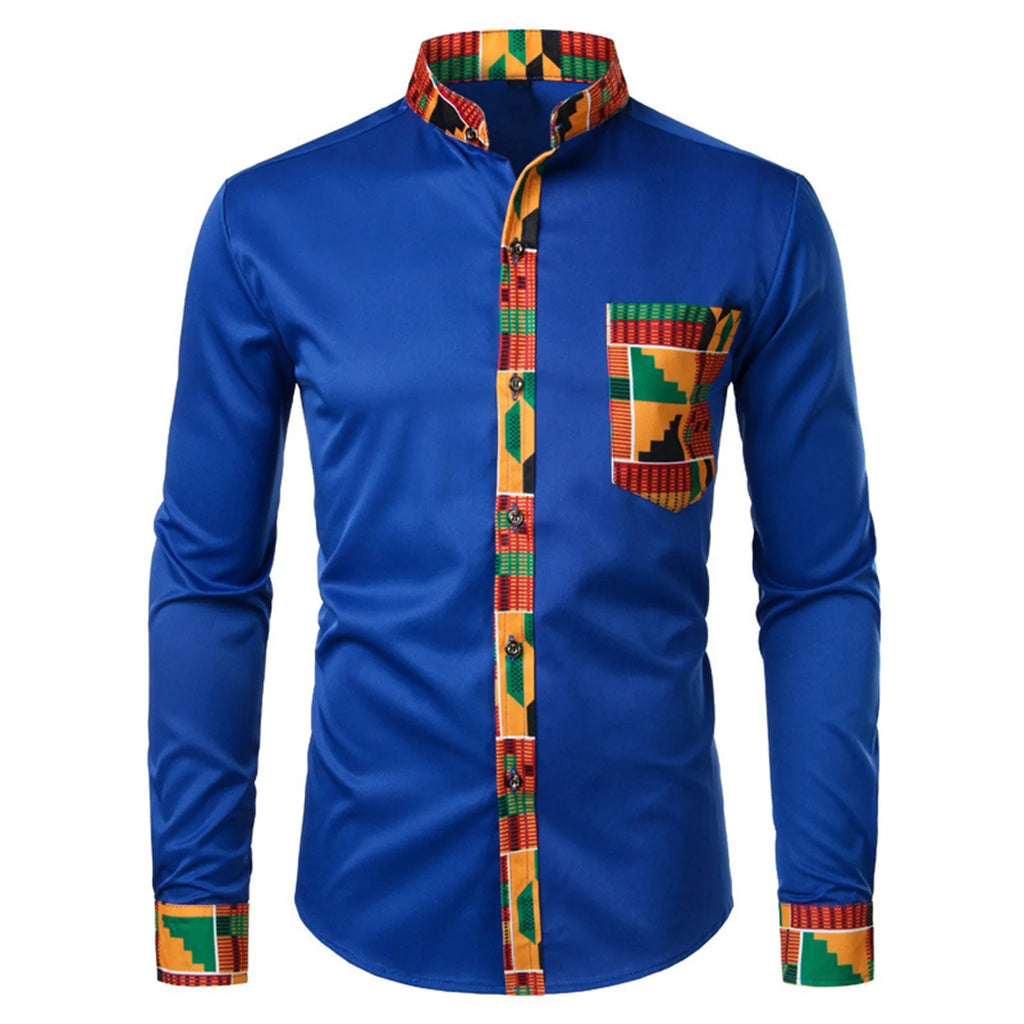 Men'S Shirts Men'S African Long Sleeve Printed Patchwork Design Button Up Shirt Seaside Vacation Casual Top Large Size