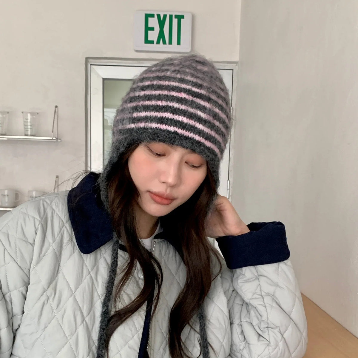 Winter Hat Women Wool Knitted Striped Beanie Baggy Cap Warm Windproof Outdoor Ski Balaclava Casual New