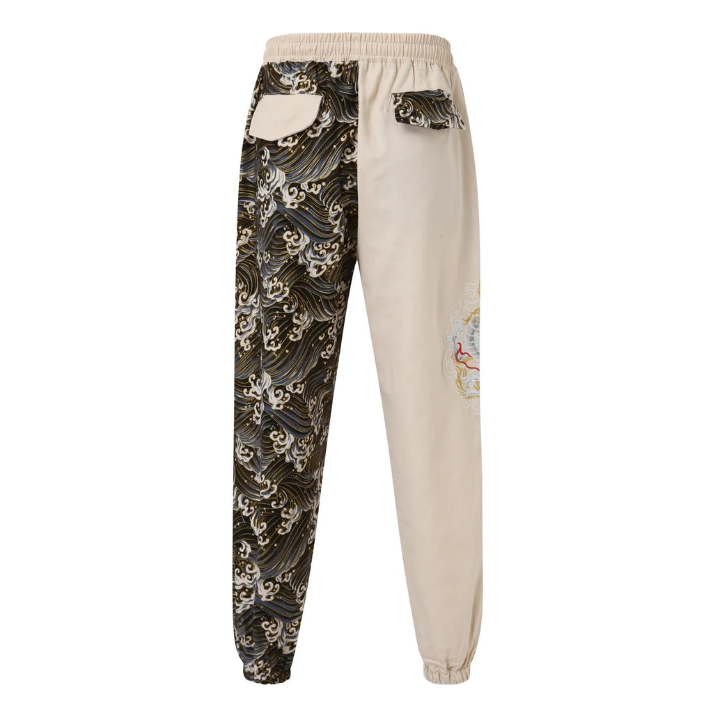 Flat Front Loose Mens Japanese Retro Trend Embroidered Color Matching Casual Trousers
