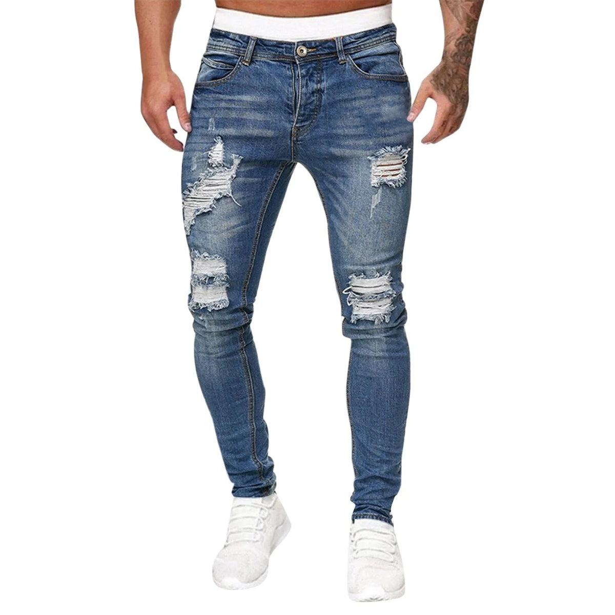 Men'S Casual Hip Hop Sports High Stretch Tight Wash Polished White Ripped Fit Zipper Jean Pants Business Stretch Men'S Jeans