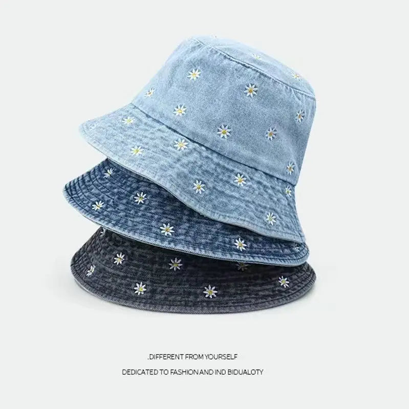 Popular Little Daisy Embroidered Cotton Summer Jeans Bucket Hat Cap For Women Spring Fisherman Hat Outdoor Travel Sunshade Gift