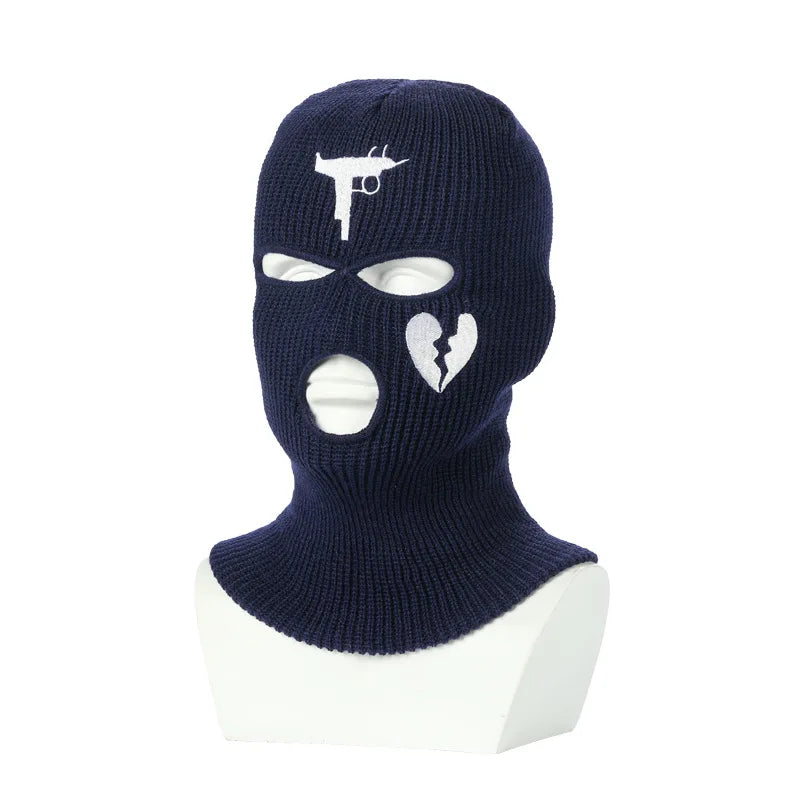 3Holes Winter Warm Unisex Balaclava Mask Hat Embroidery Full Face Mask Knitted Cycling Ski Snowboard Hat Cap Hip Hop Beanie Gift
