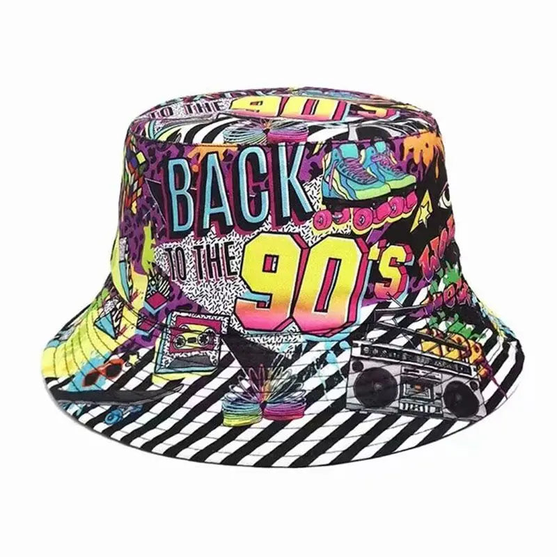 Europe and America Retro Nostalgic 90s Tape Pattern Bucket Hat Female Double Sided Spring and Summer Outdoor Sunscreen Sun Hat