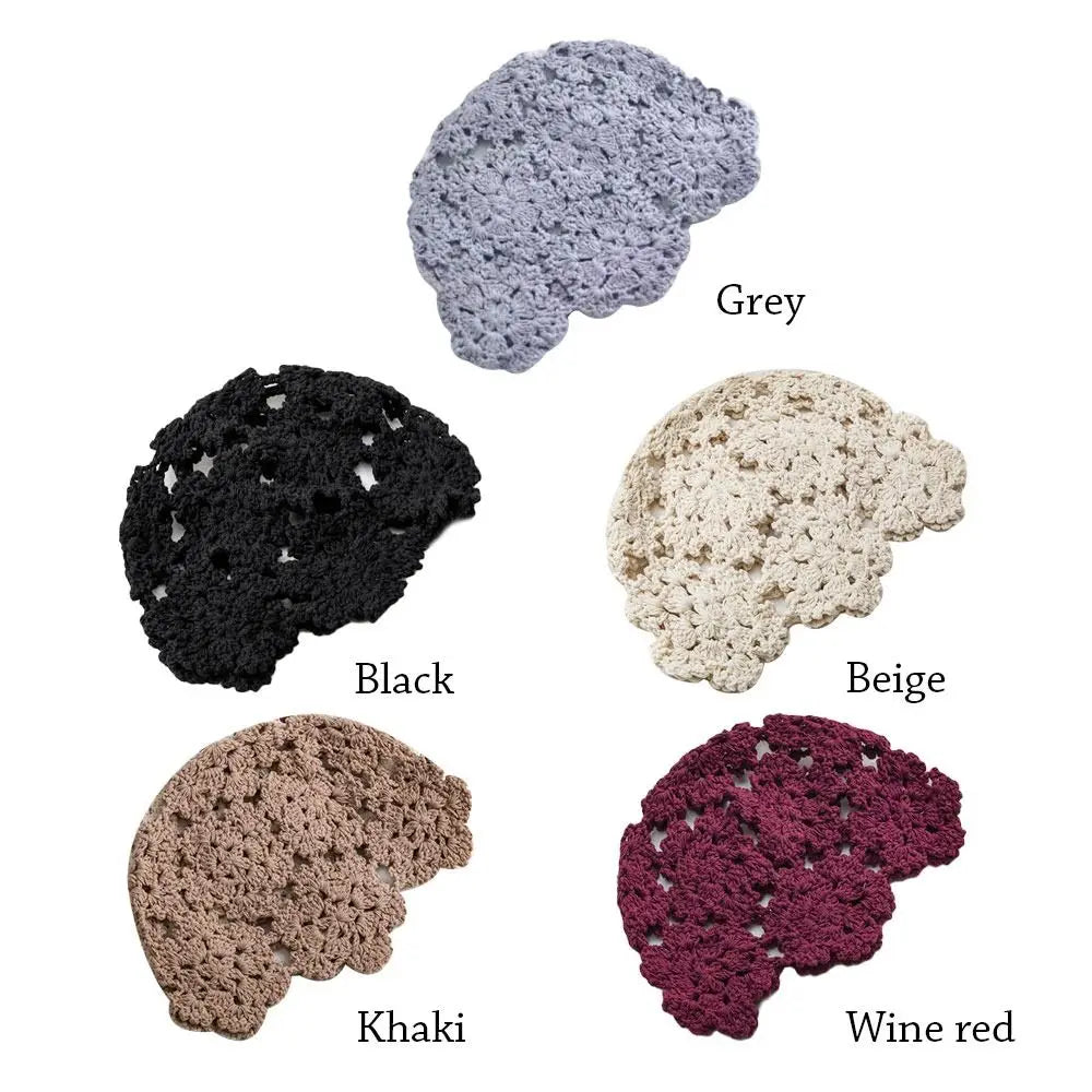 Women's Hollowed Out Knitted Hat Casual Beret Cap Fashion Flowers Breathable Skullies Hat Sun Visor Summer Headwear