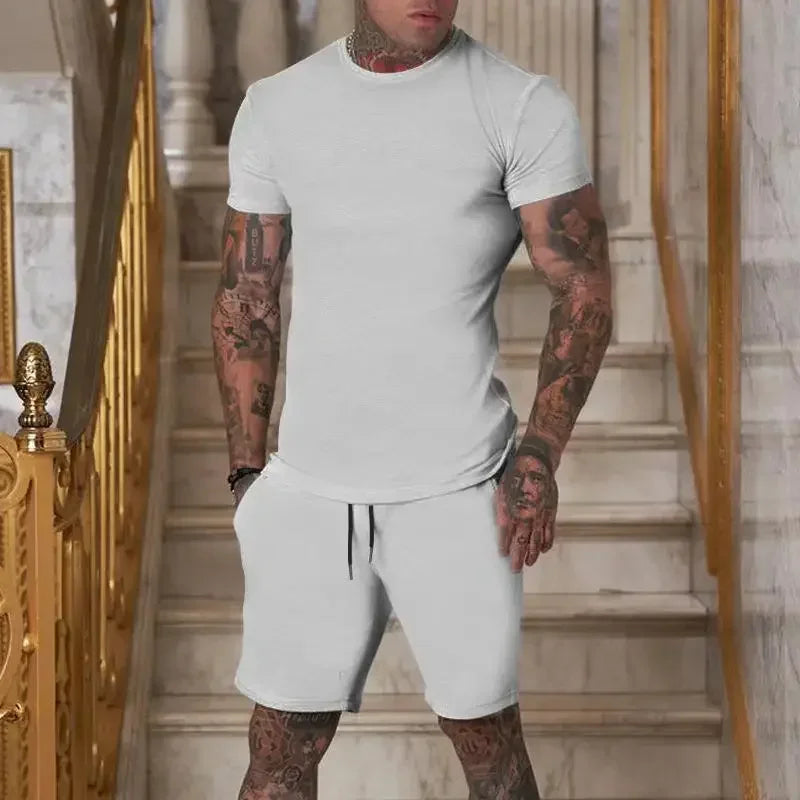 2025 summer new men's breathable sportswear short sleeved t-shirt and shorts set popular quick drying clothing