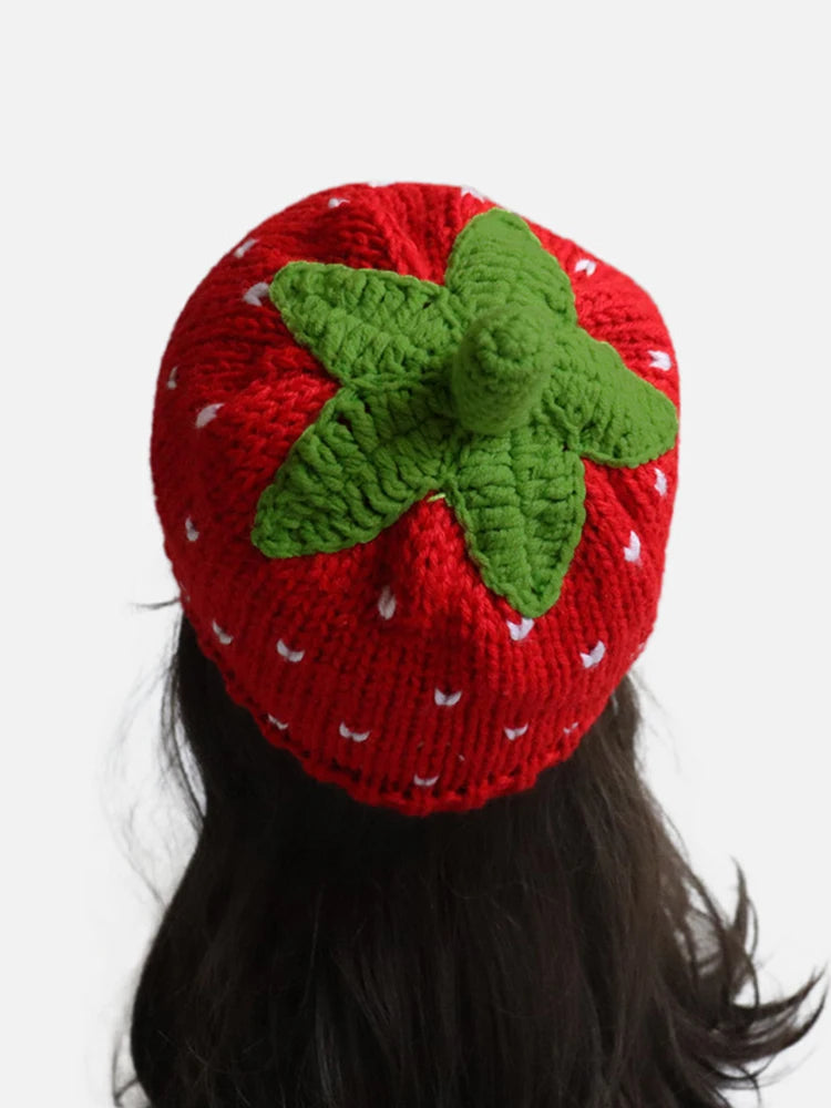 Lady'S Cartoon Red Strawberry-Shaped Fisherman'S Hat, Bohemian-Style Hand-Crocheted And Hollowed-Out Ruffled Cute Knitted Hat