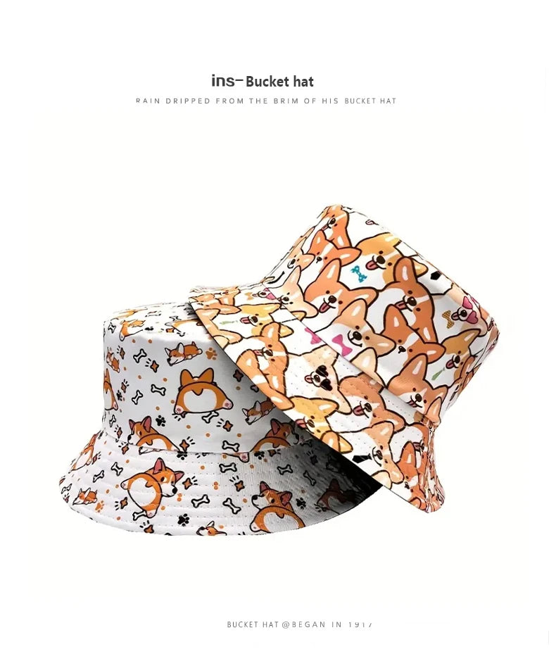Bocca Cartoon Dog Bucket Hat Corgi Puppy Printing Fisherman Hats Double Sides Panama Cap Adult 58cm Caps Outdoor Travel Summer