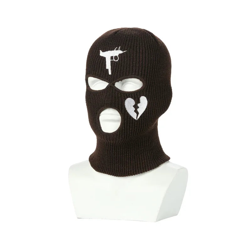 3Holes Winter Warm Unisex Balaclava Mask Hat Embroidery Full Face Mask Knitted Cycling Ski Snowboard Hat Cap Hip Hop Beanie Gift