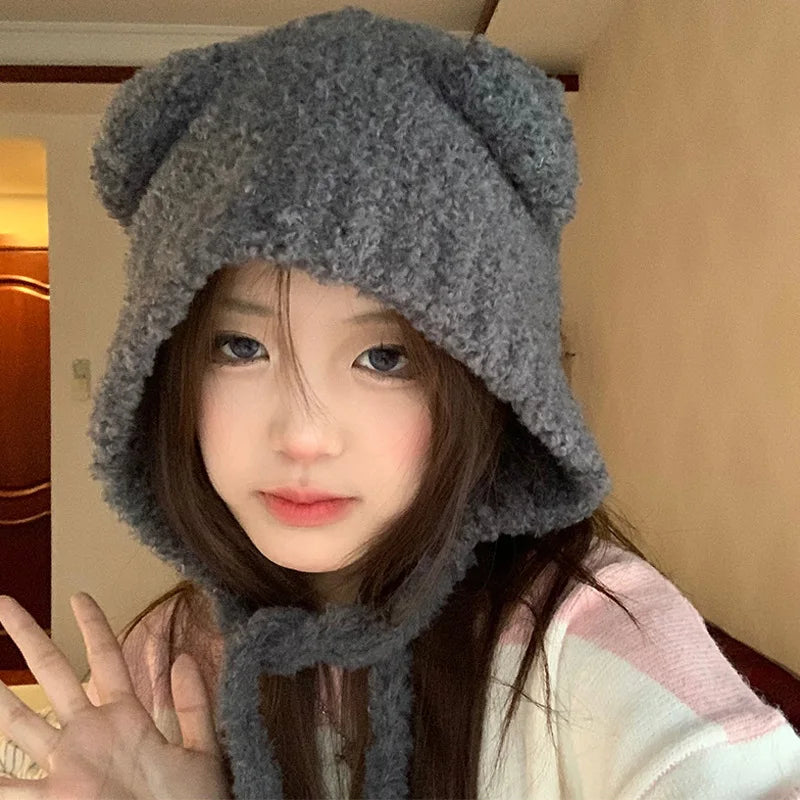 Cute Girl Knit Ear Protection Hat Bear Women Earmuffs Cap Woolen Crochet Bonnet Solid Color Hood Beanies Winter Warm Headgear