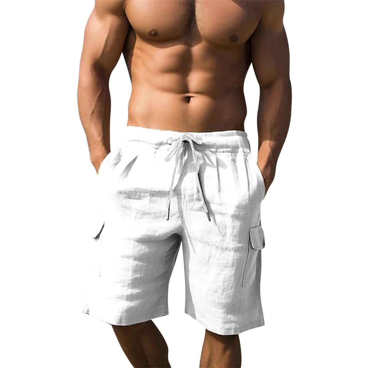 Men Spring And Summer Pant Casual All Solid Color Cotton Linen Loose Trouser Fashion Pockets Wide Leg High Waist A-word Shorts