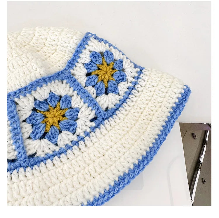 2025 Autumn New Crochet Korean Handmade Bucket Hat Women Weaving Knitted Hat Y2k Fashion Flowers Autumn Winter Beanies Basin Cap