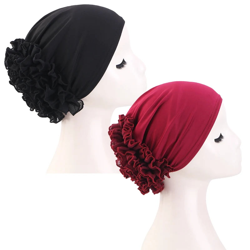 New breathable chiffon hat with large flowers Solid color thin bottom cap Islamic Head Wrap Women's elastic anti hair loss hat